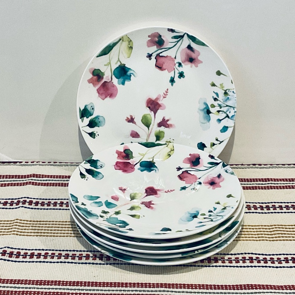 Primavera Floral Side Plate Set (6) White Pink & Turquoise Porcelain EUC